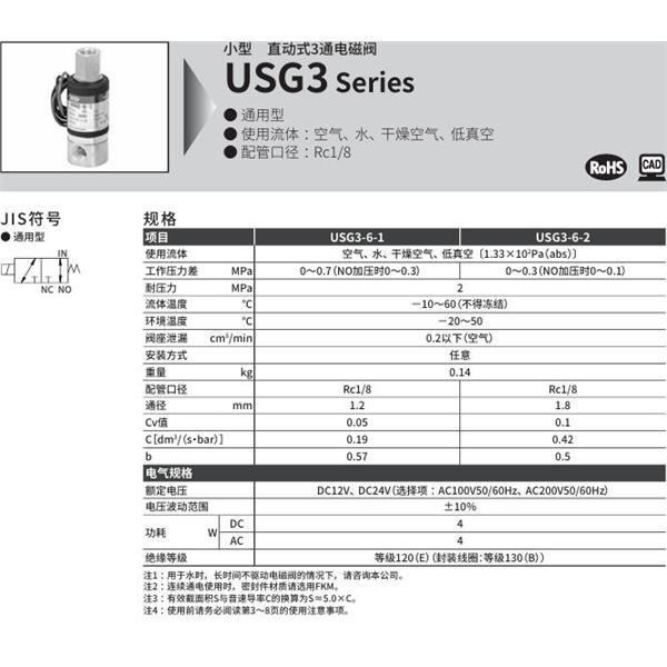 CKD喜開(kāi)理多種流體小型直動(dòng)式2通電磁閥USG3-6-1-M-AC200V