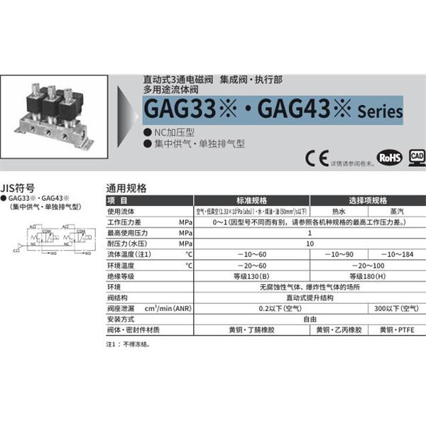 CKD喜開理多種流體直動式2通電磁集成閥GAG331G-2-0-AC100V