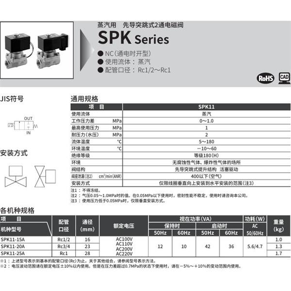 CKD喜開理蒸汽用先導突跳式2通電磁閥SPK11-25G-C4A-AC100V