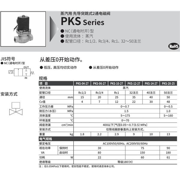 CKD喜開理蒸汽用先導突跳式2通電磁閥PKS-20-27-4M-AC100V