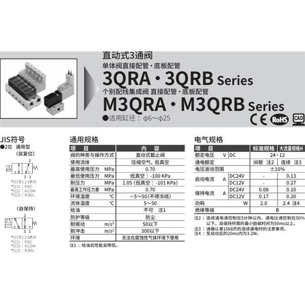 CKD喜開理直動式3通電磁閥3QRA119-M5-D21-4
