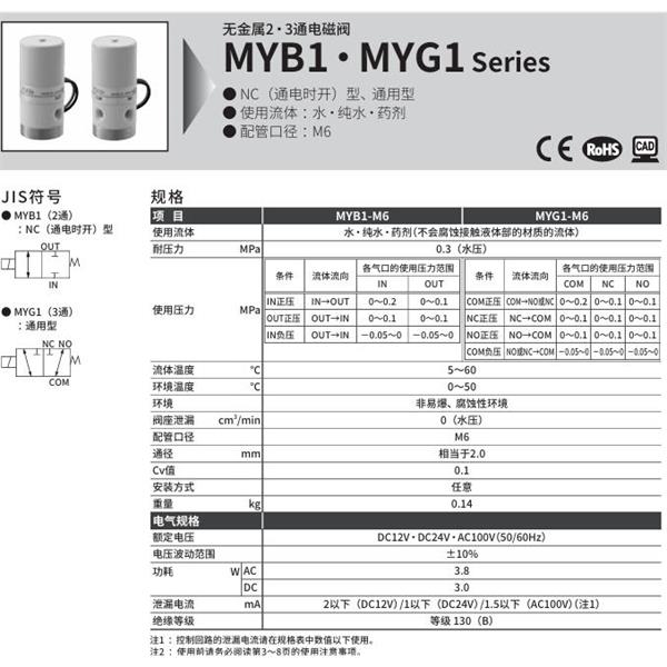 CKD喜開(kāi)理無(wú)金屬2?3通電磁閥MYB1-M6-AC100V