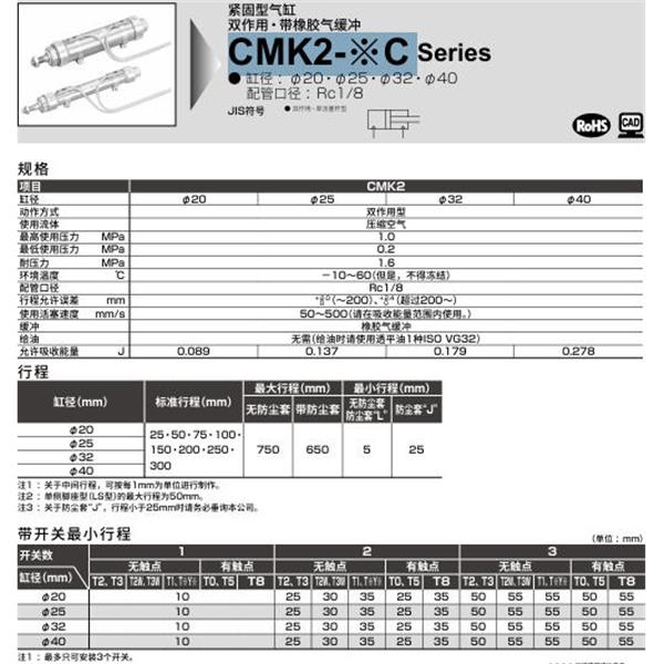 CKD喜開理緊固型氣缸CMK2-FB-20C-100-T0H-R-JI