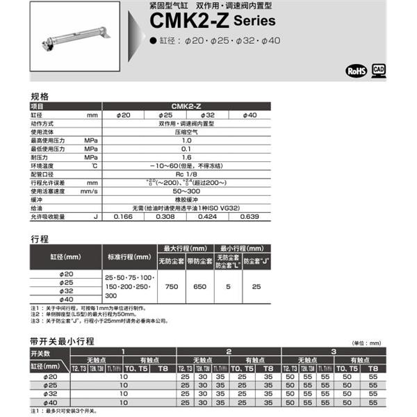 CKD喜開(kāi)理緊固型氣缸CMK2-Z-CC-25-100-JI