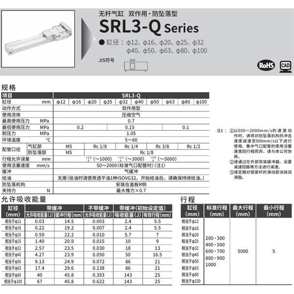 CKD喜開理超級無桿氣缸SRL3-Q-LB-50B-200-B