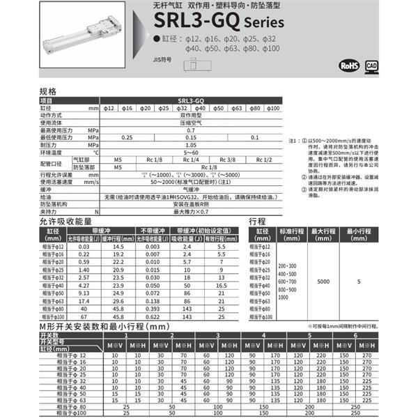 CKD喜開理超級無桿氣缸SRL3-GQ-00-12B-200-M0H-R-B