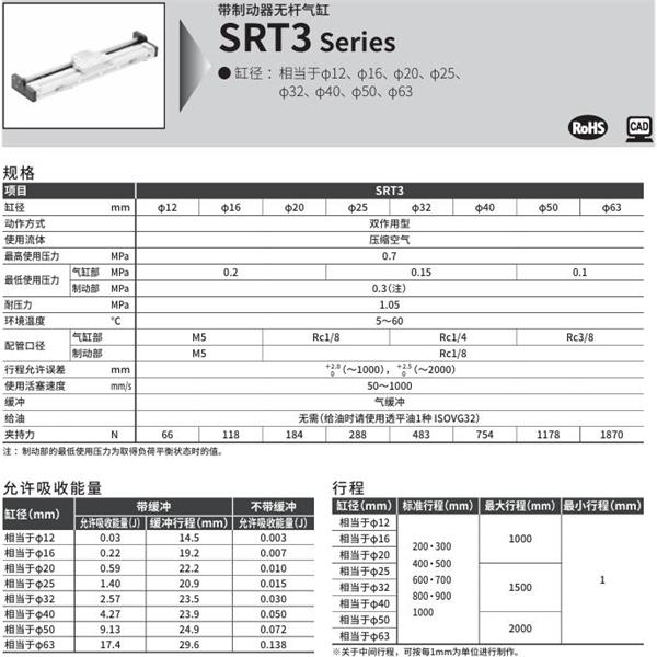 CKD喜開理制動器超級無桿氣缸SRT3-00-50B-200-Y