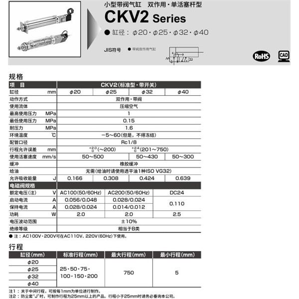 CKD喜開理小型帶閥氣缸CKV2-00-40-25-U-1-T0H-R-JI