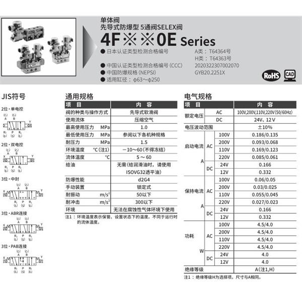 CKD喜開理先導式防爆型5通閥4F640E-20-TP-P-X-AC100V